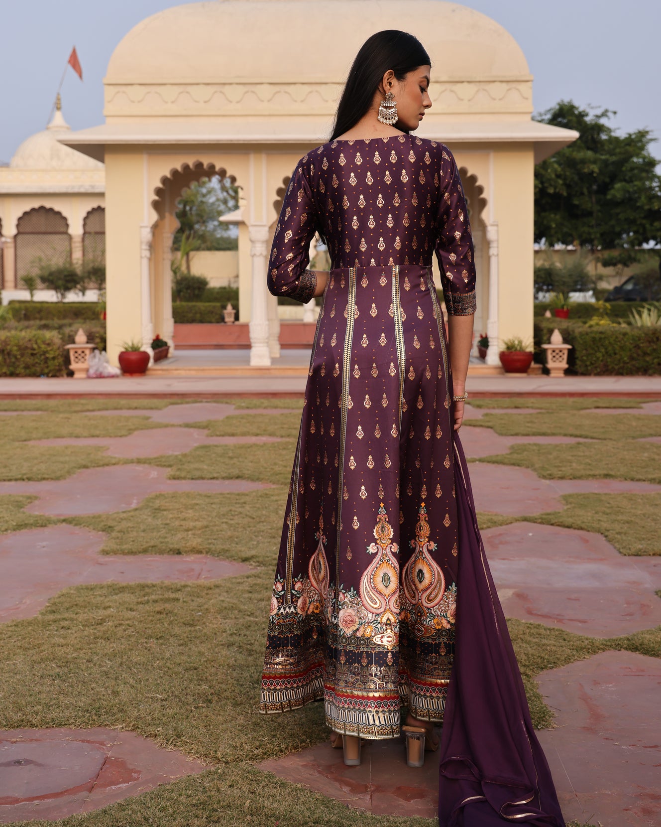 Royal Purple V-Neck Anarkali with Gota Patti and Paisley Print