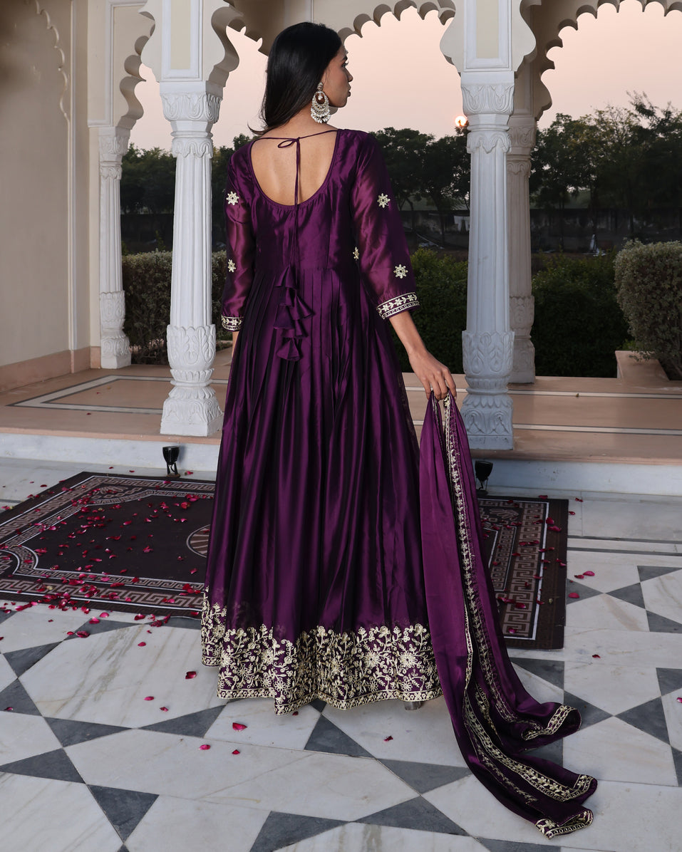 Royal Purple V-Neck Anarkali with Gota Patti and Paisley Print