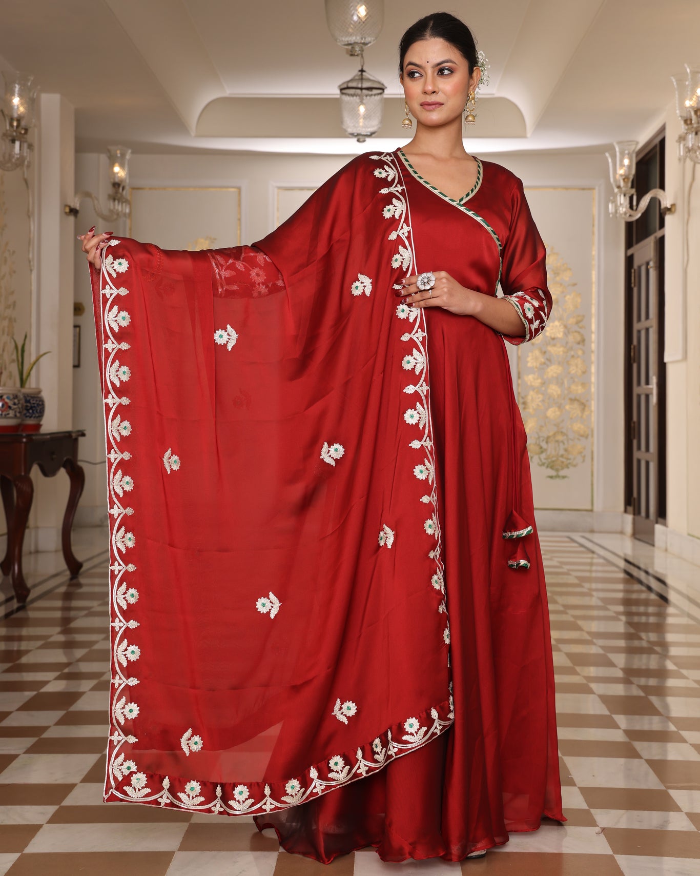 Red V-Neck Anarkali with Gota Patti and Paisley Print