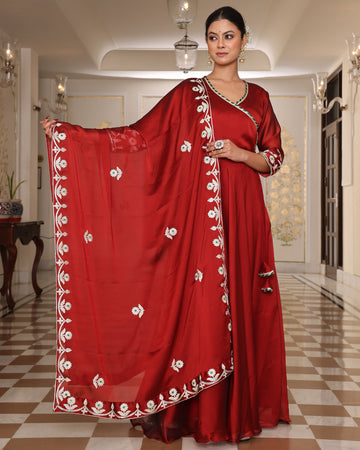 Red V-Neck Anarkali with Gota Patti and Paisley Print