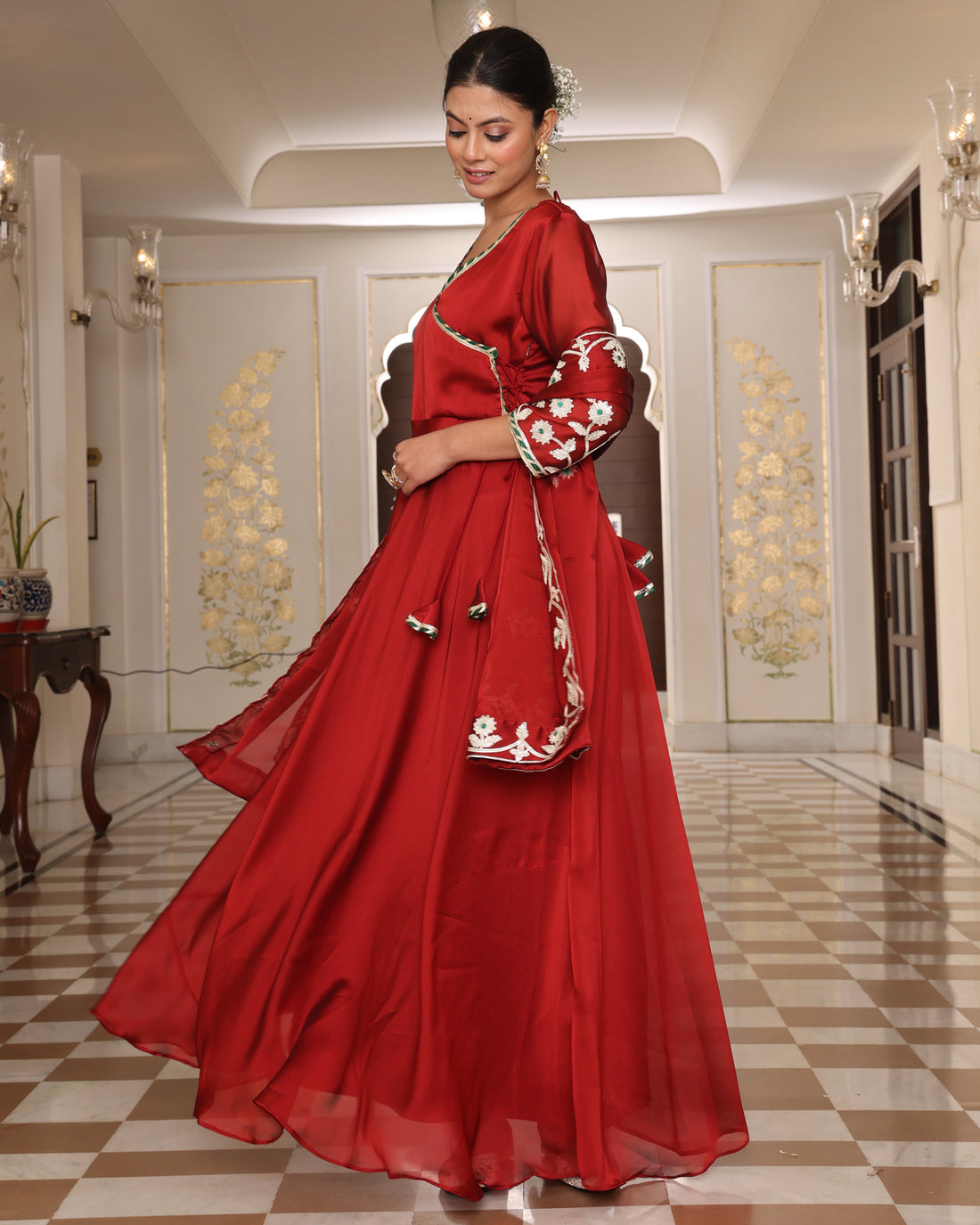 Red V-Neck Anarkali with Gota Patti and Paisley Print