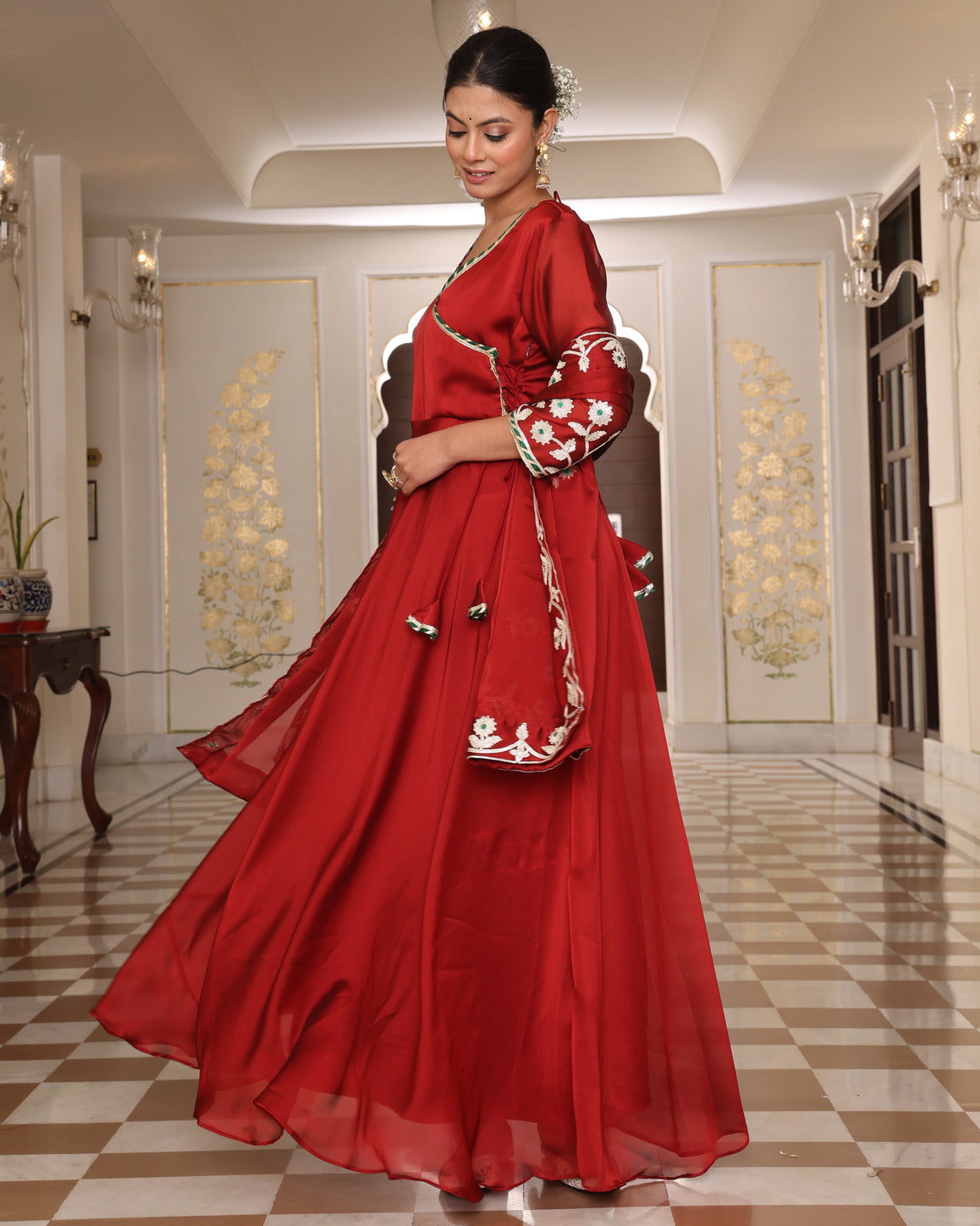Red V-Neck Anarkali with Gota Patti and Paisley Print