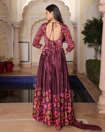 Maroon & Pink Floral Printed Anarkali Gown with Dupatta