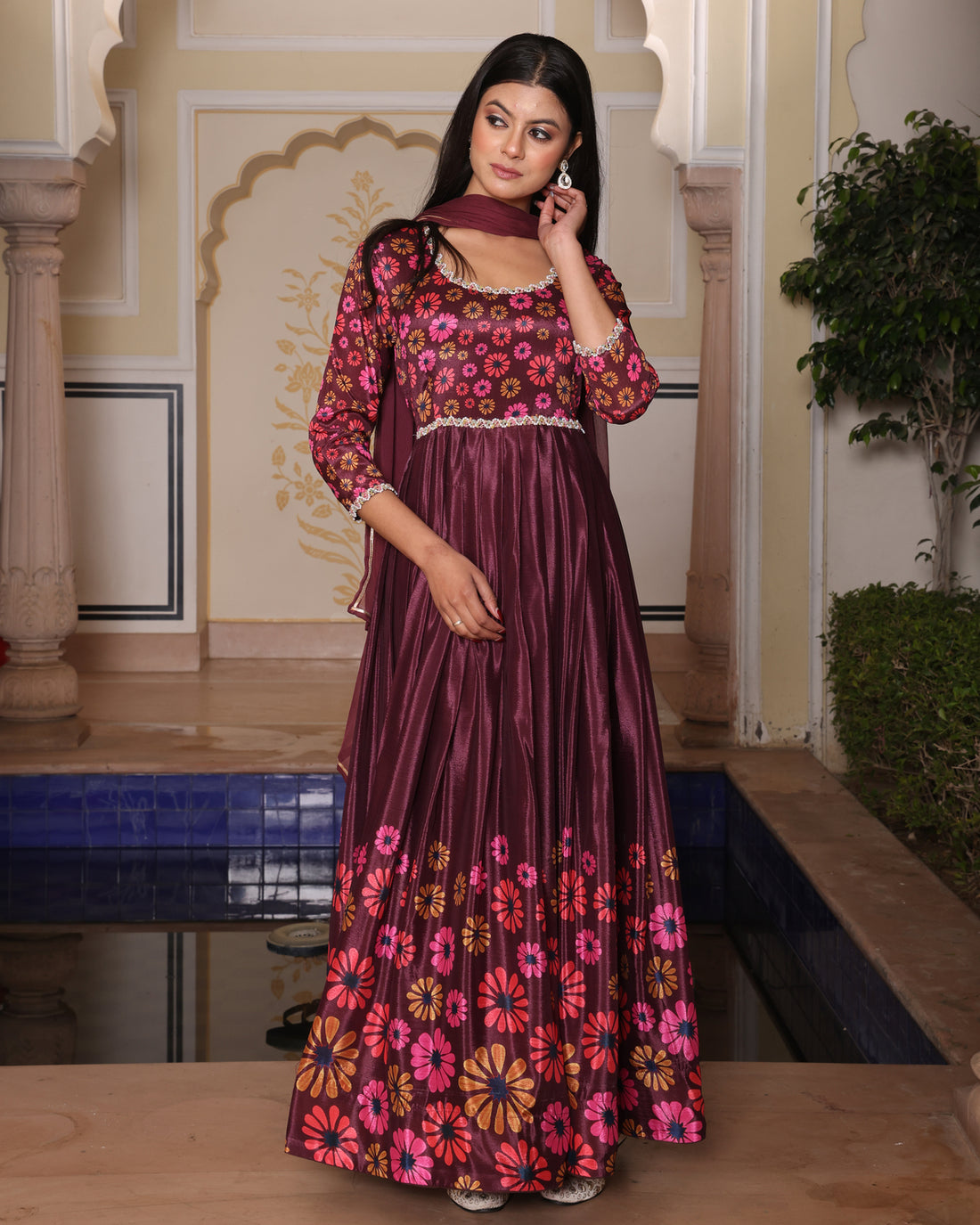 Maroon & Pink Floral Printed Anarkali Gown with Dupatta