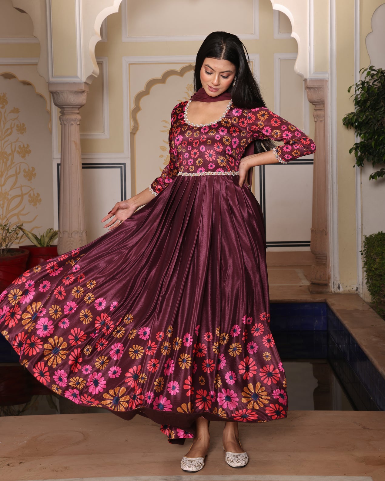 Maroon & Pink Floral Printed Anarkali Gown with Dupatta