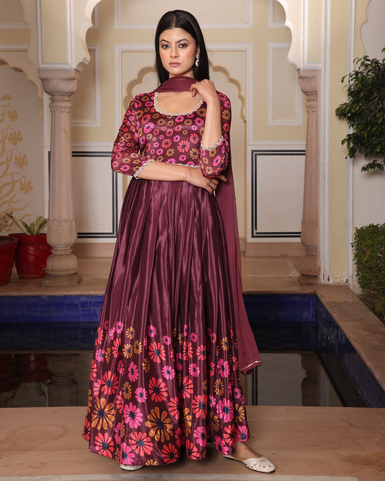 Maroon & Pink Floral Printed Anarkali Gown with Dupatta