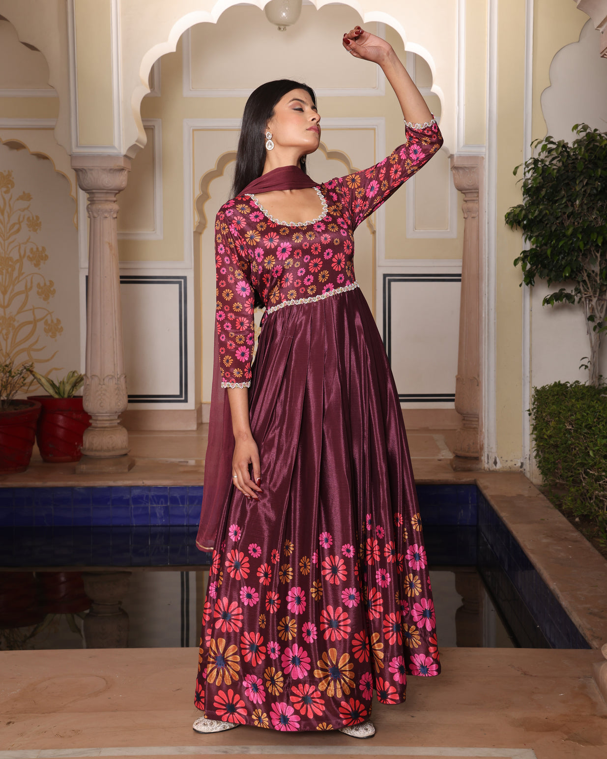Maroon & Pink Floral Printed Anarkali Gown with Dupatta