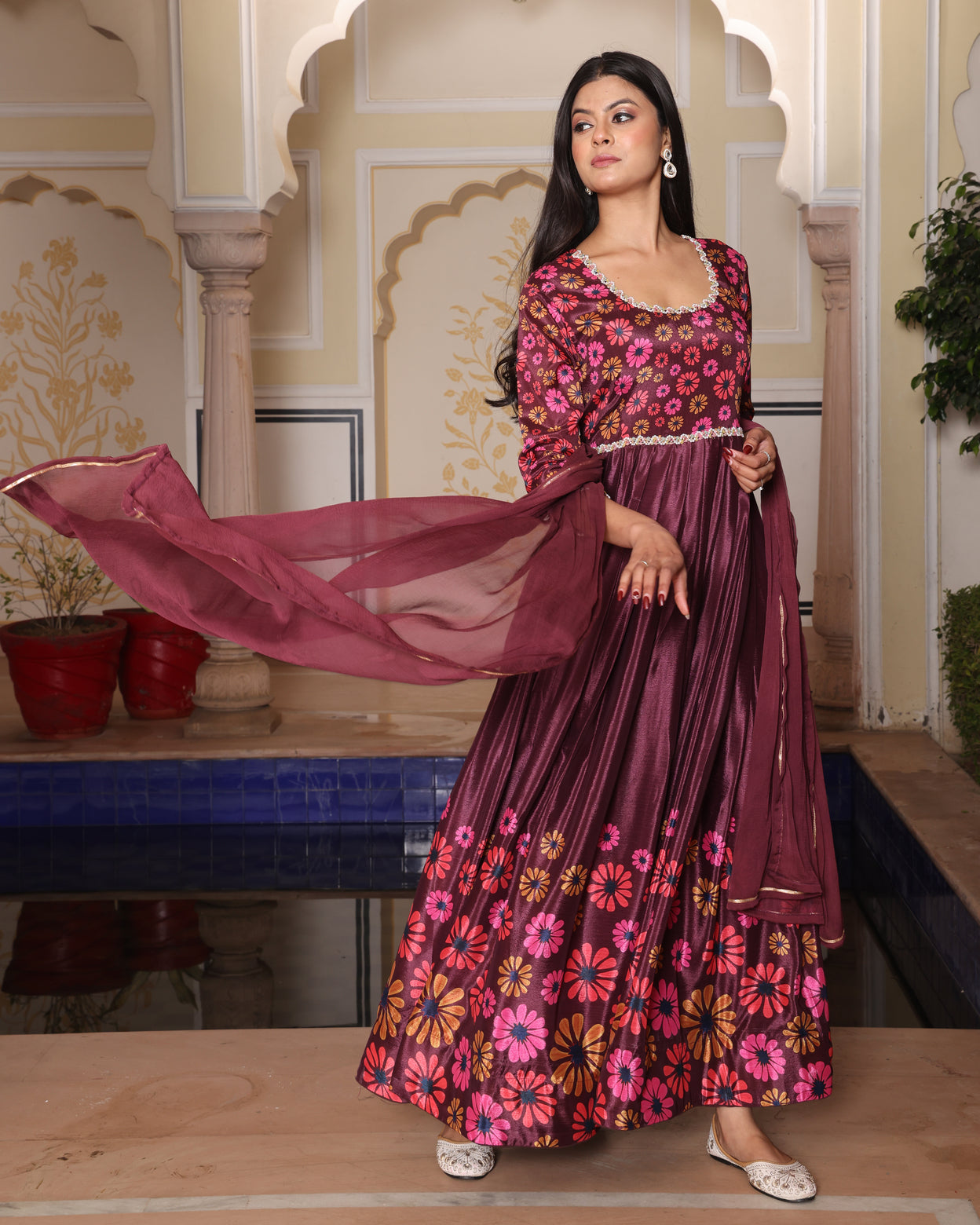 Maroon & Pink Floral Printed Anarkali Gown with Dupatta
