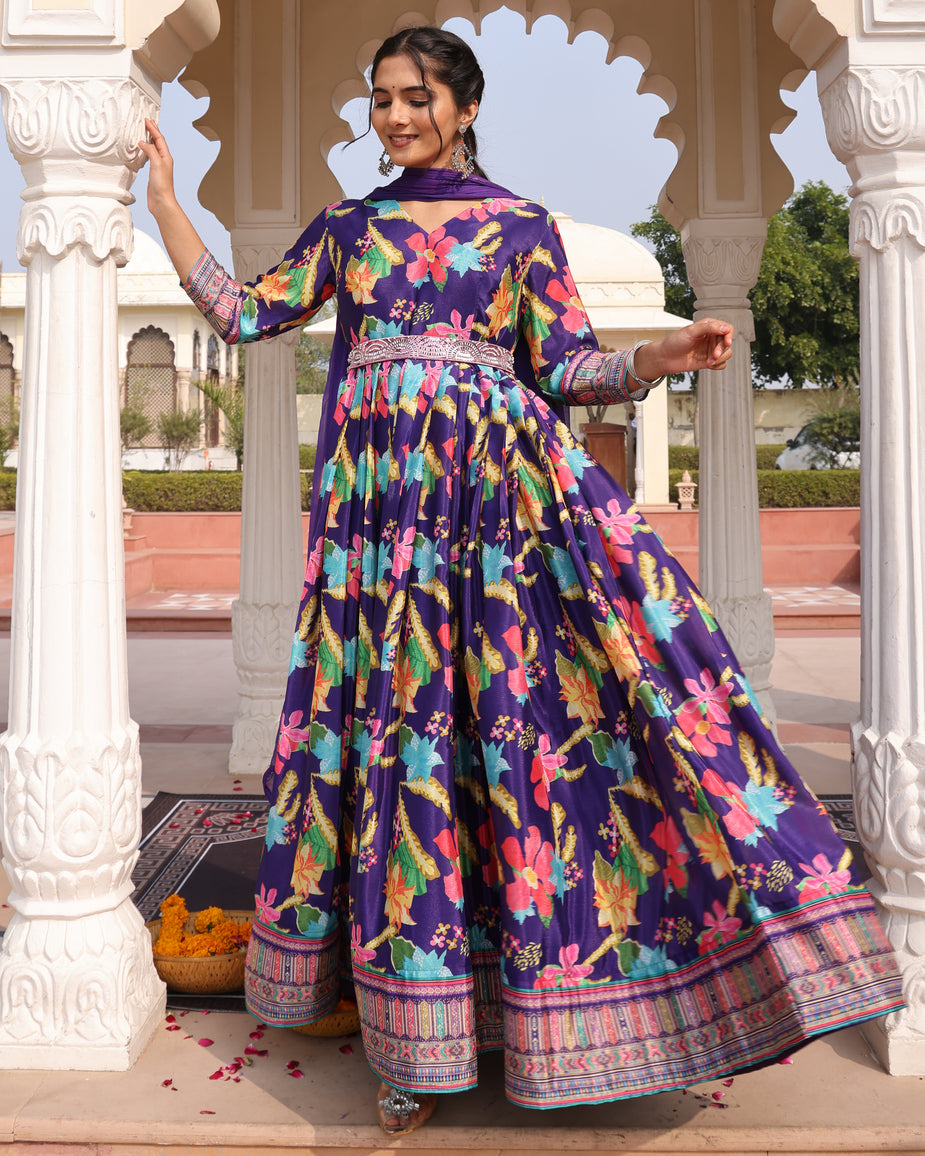 Purple Floral Printed Anarkali Gown with a Belt and Dupatta