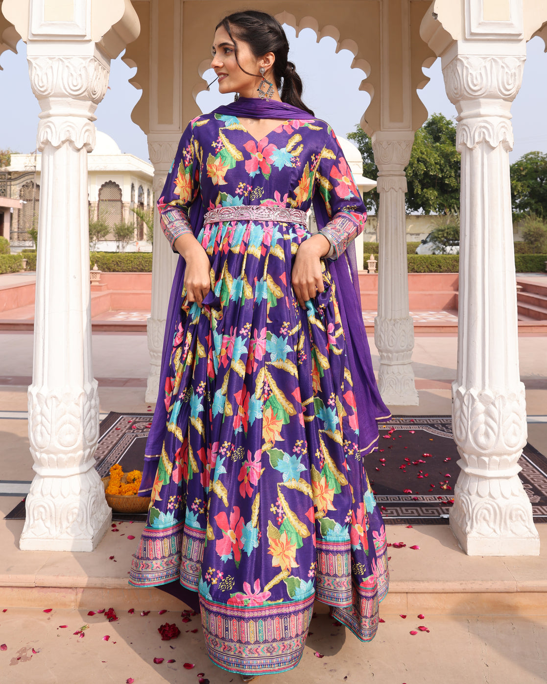 Purple Floral Printed Anarkali Gown with a Belt and Dupatta