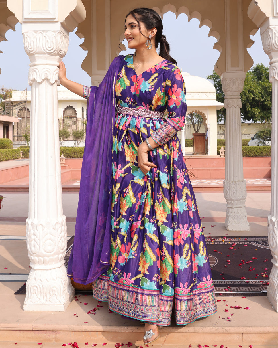 Purple Floral Printed Anarkali Gown with a Belt and Dupatta