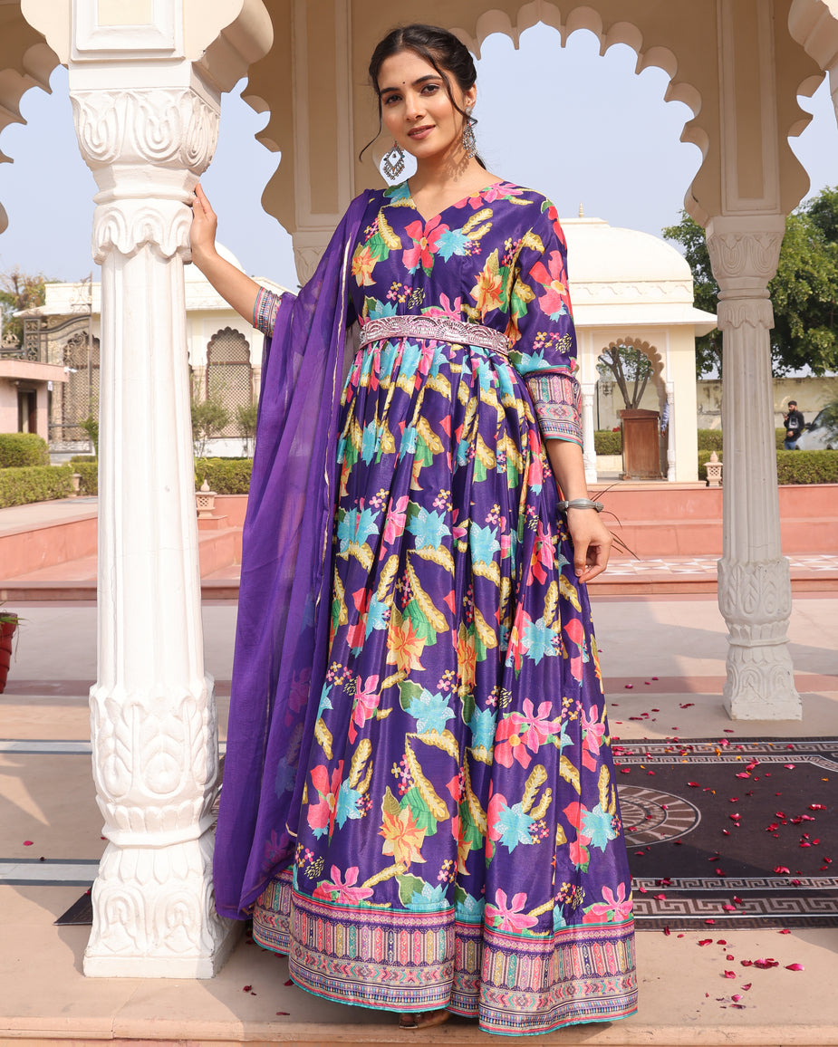 Purple Floral Printed Anarkali Gown with a Belt and Dupatta