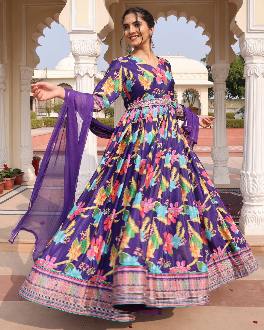 Purple Floral Printed Anarkali Gown with a Belt and Dupatta