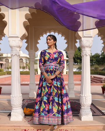 Purple Floral Printed Anarkali Gown with a Belt and Dupatta