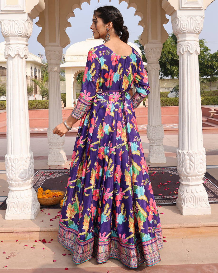 Purple Floral Printed Anarkali Gown with a Belt and Dupatta