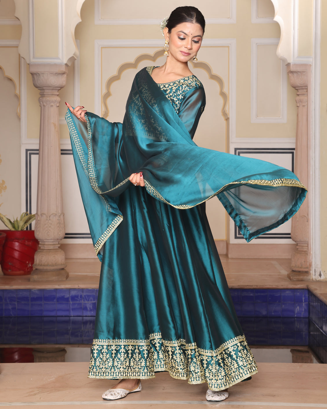 Rama green embroidered Anarkali Suit