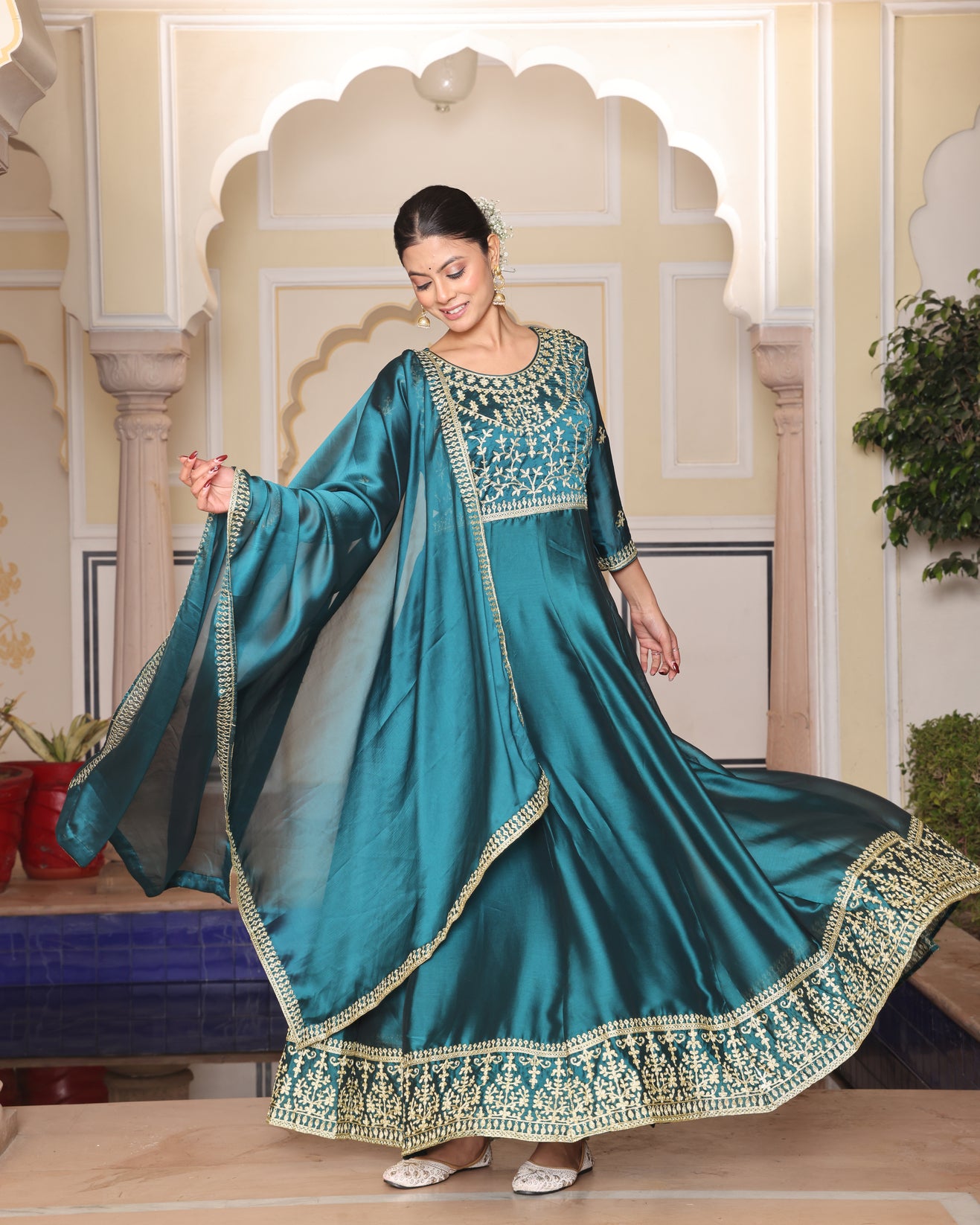 Rama green embroidered Anarkali Suit