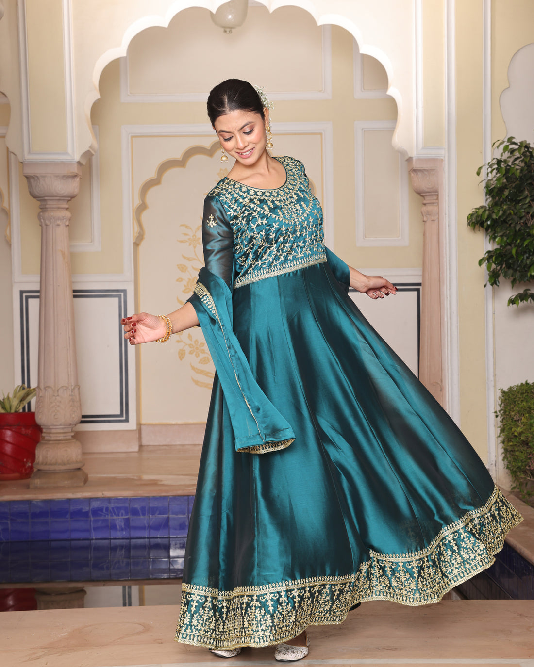 Rama green embroidered Anarkali Suit