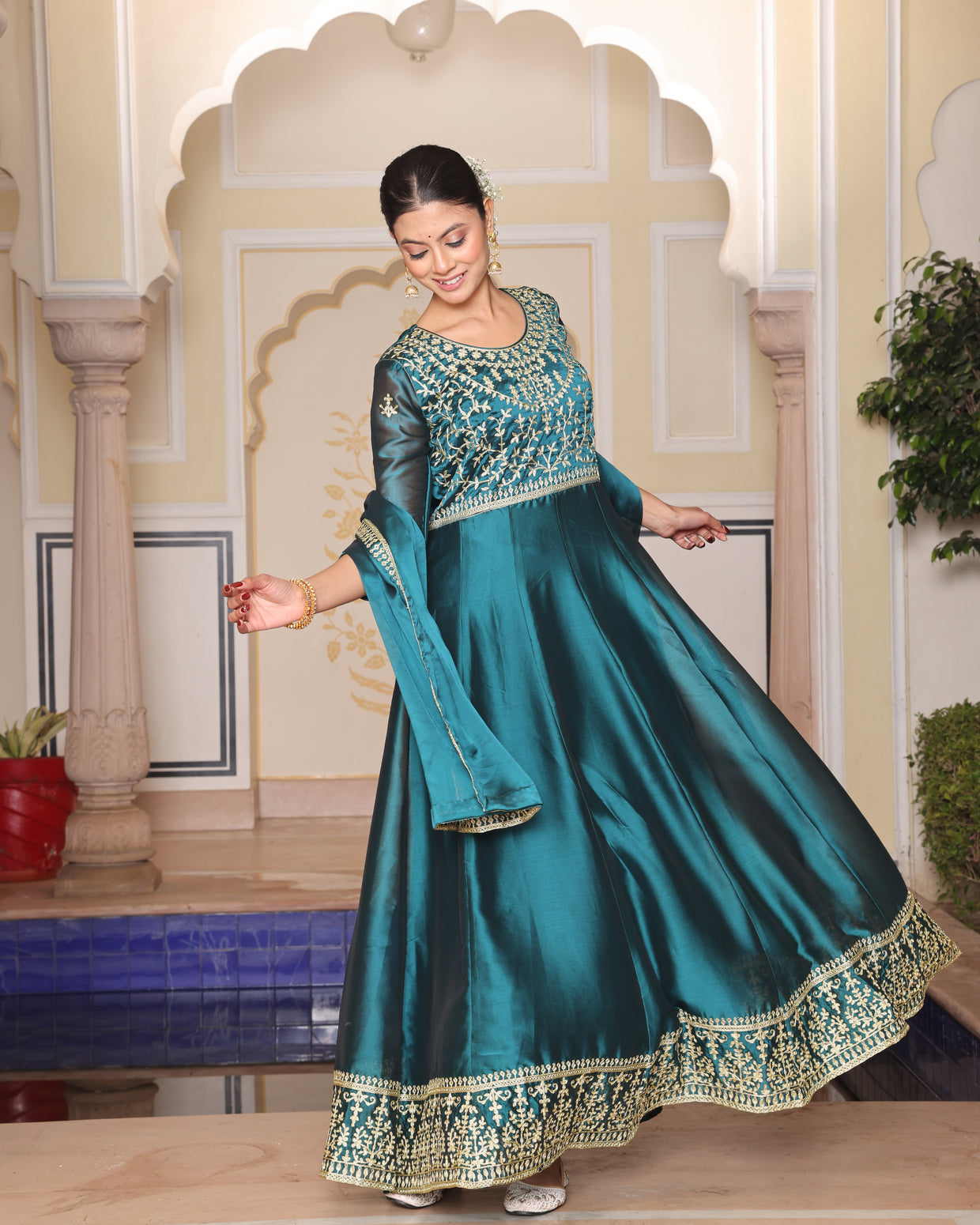 Rama green embroidered Anarkali Suit