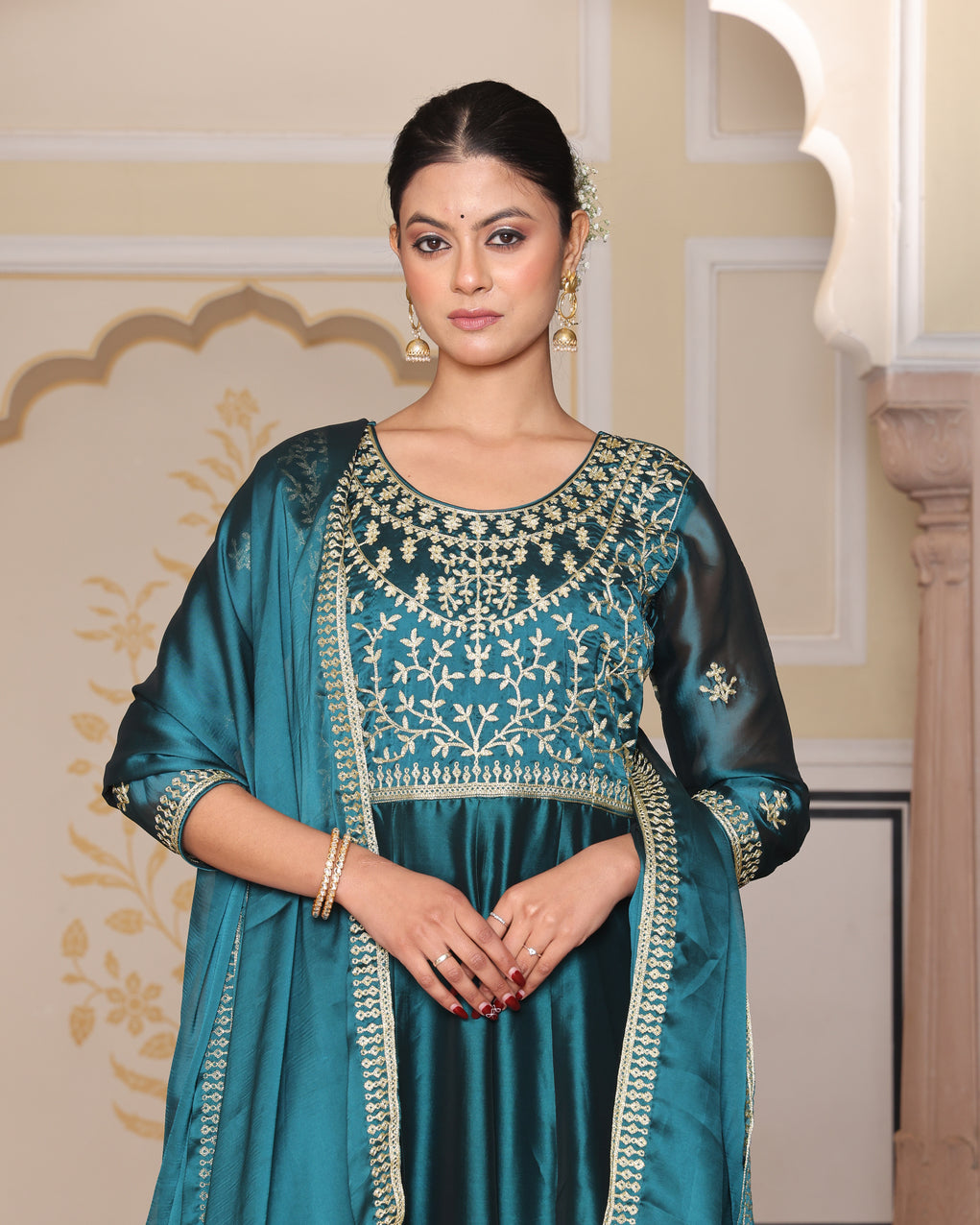 Rama green embroidered Anarkali Suit