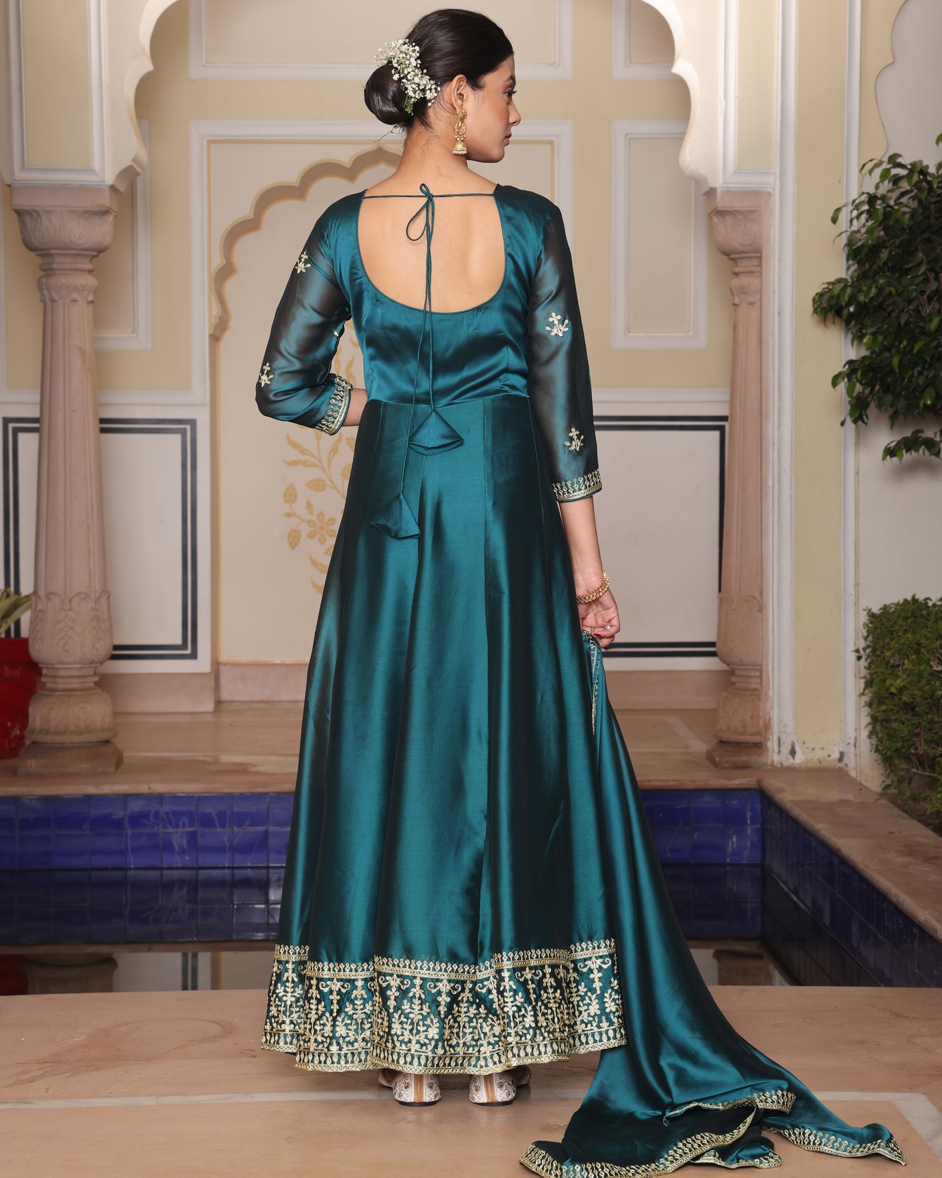 Rama green embroidered Anarkali Suit