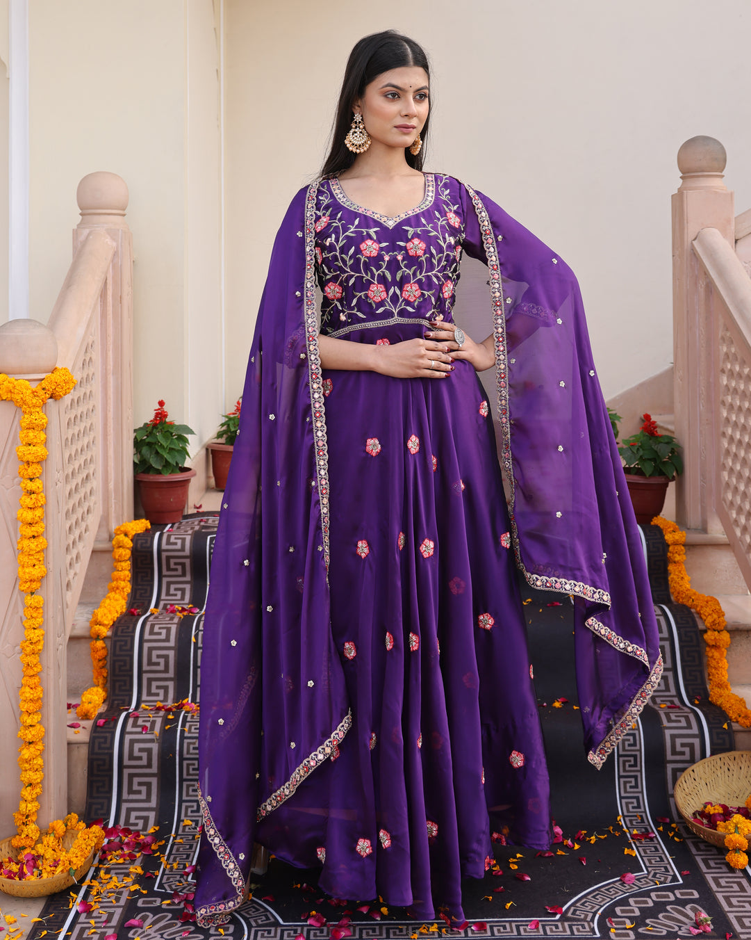 Regal Purple Floral Embroidered Georgette Anarkali Suit