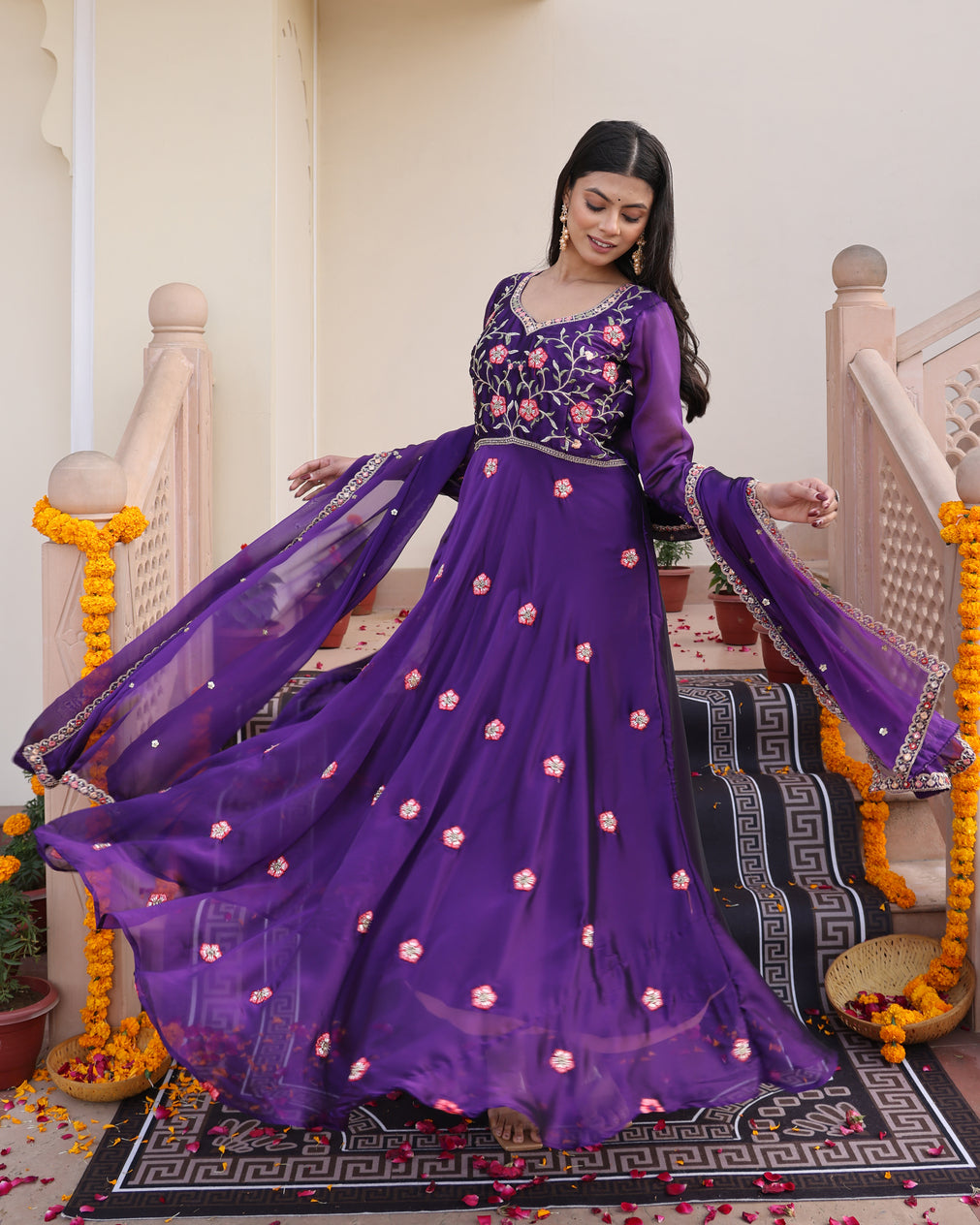 Regal Purple Floral Embroidered Georgette Anarkali Suit