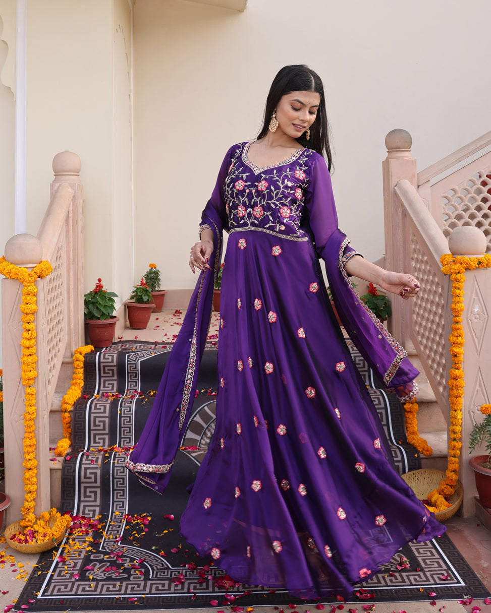 Regal Purple Floral Embroidered Georgette Anarkali Suit