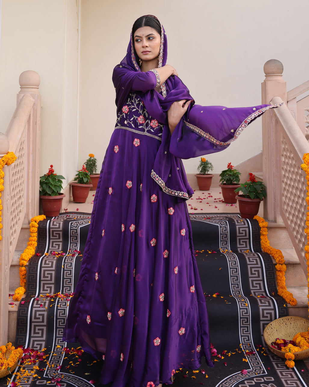 Regal Purple Floral Embroidered Georgette Anarkali Suit