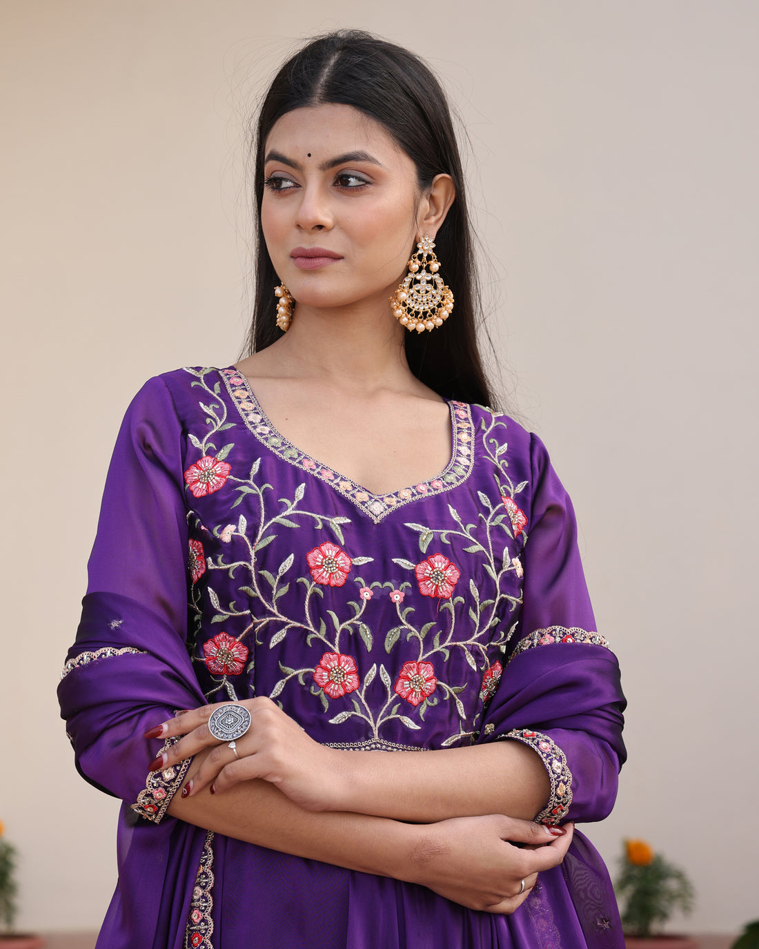 Regal Purple Floral Embroidered Georgette Anarkali Suit