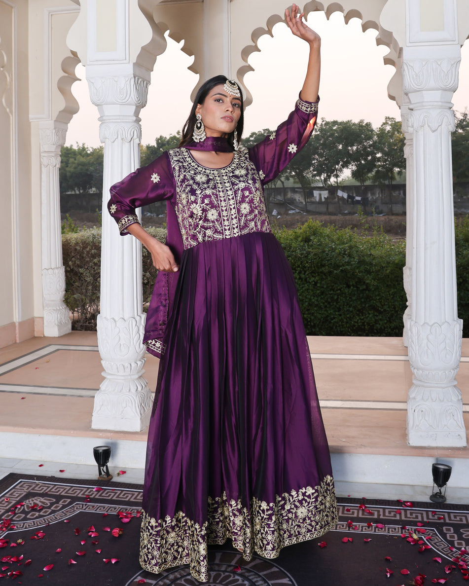 Deep Purple Zari Work Anarkali Suit