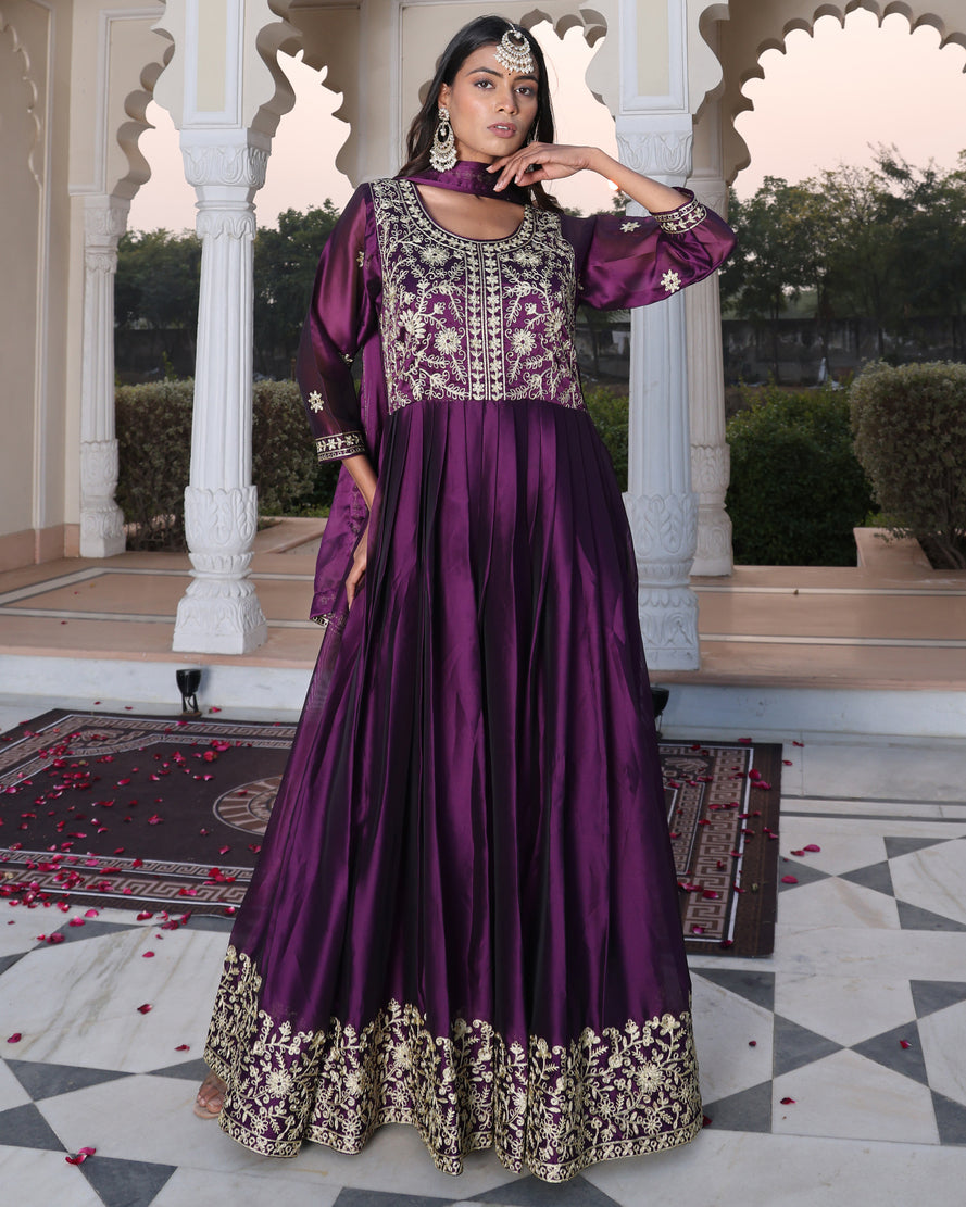 Deep Purple Zari Work Anarkali Suit