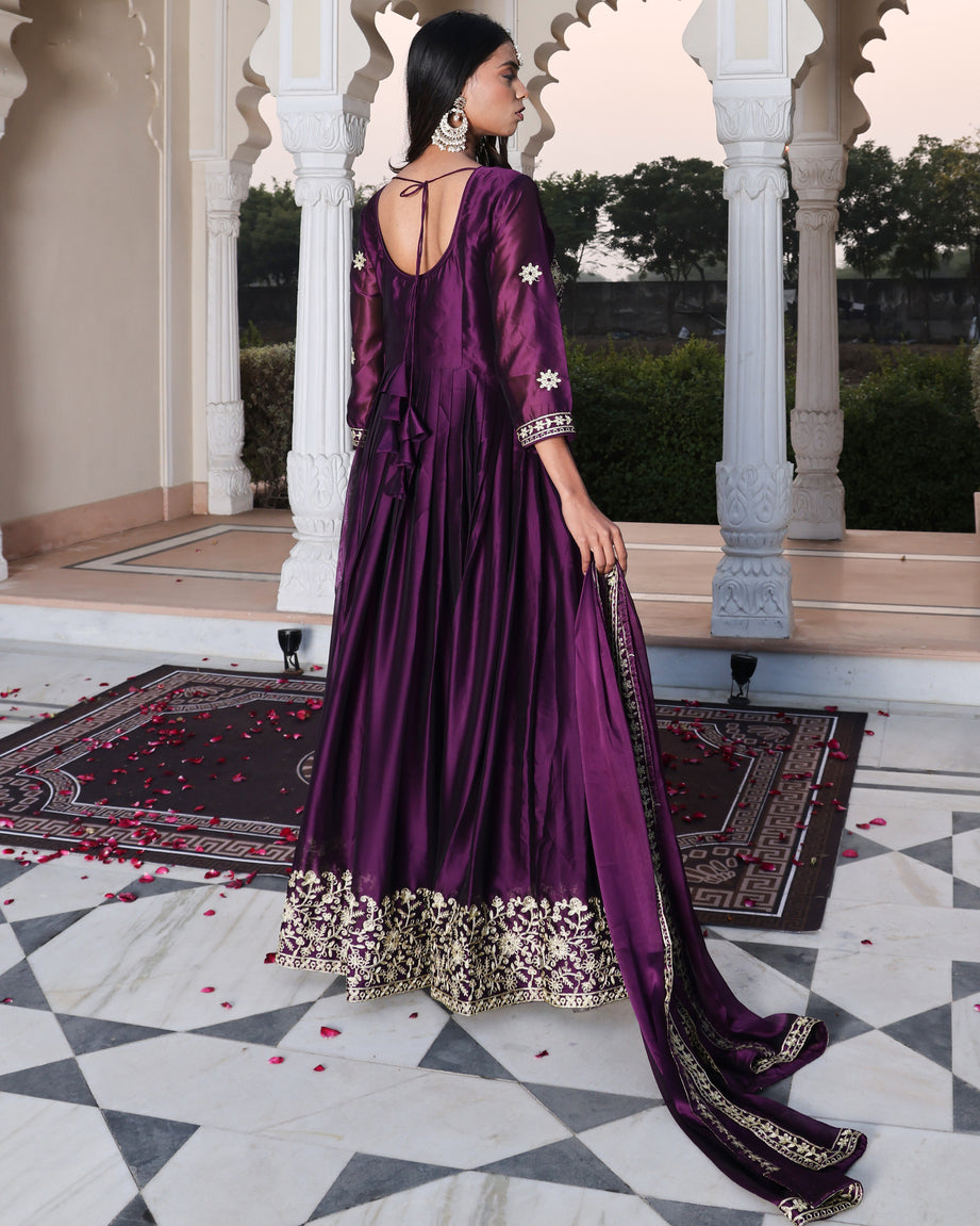 Deep Purple Zari Work Anarkali Suit