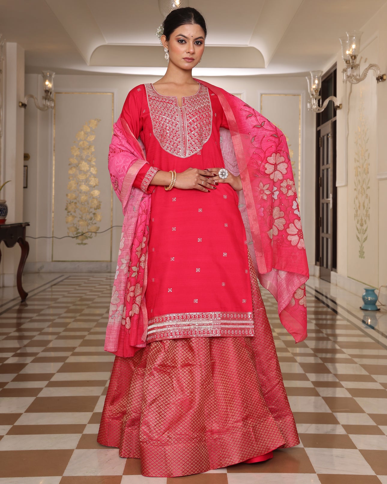 Pink Embroidered Kurta and Brocade Anarkali Suit