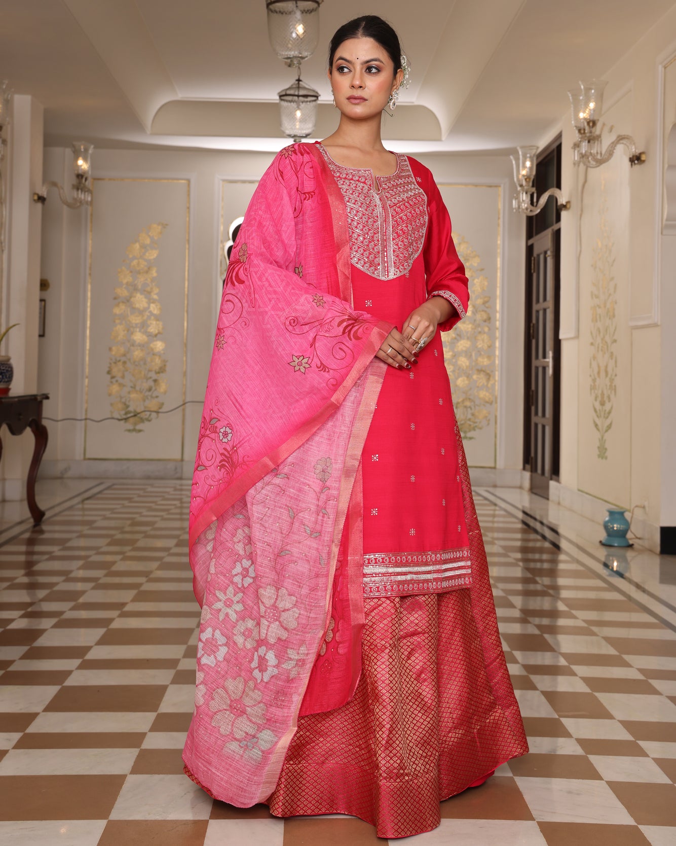 Pink Embroidered Kurta and Brocade Anarkali Suit