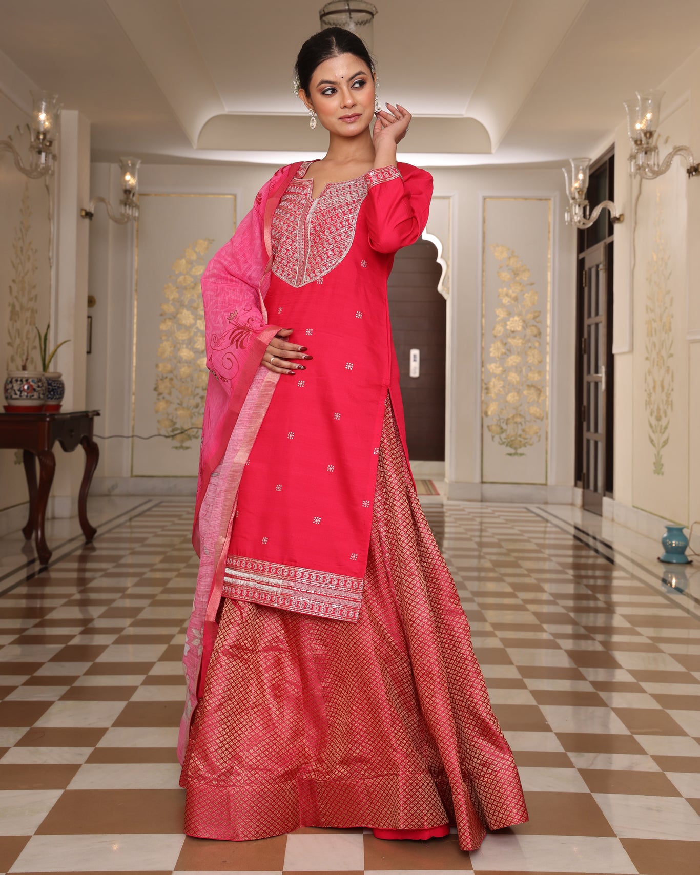 Pink Embroidered Kurta and Brocade Anarkali Suit