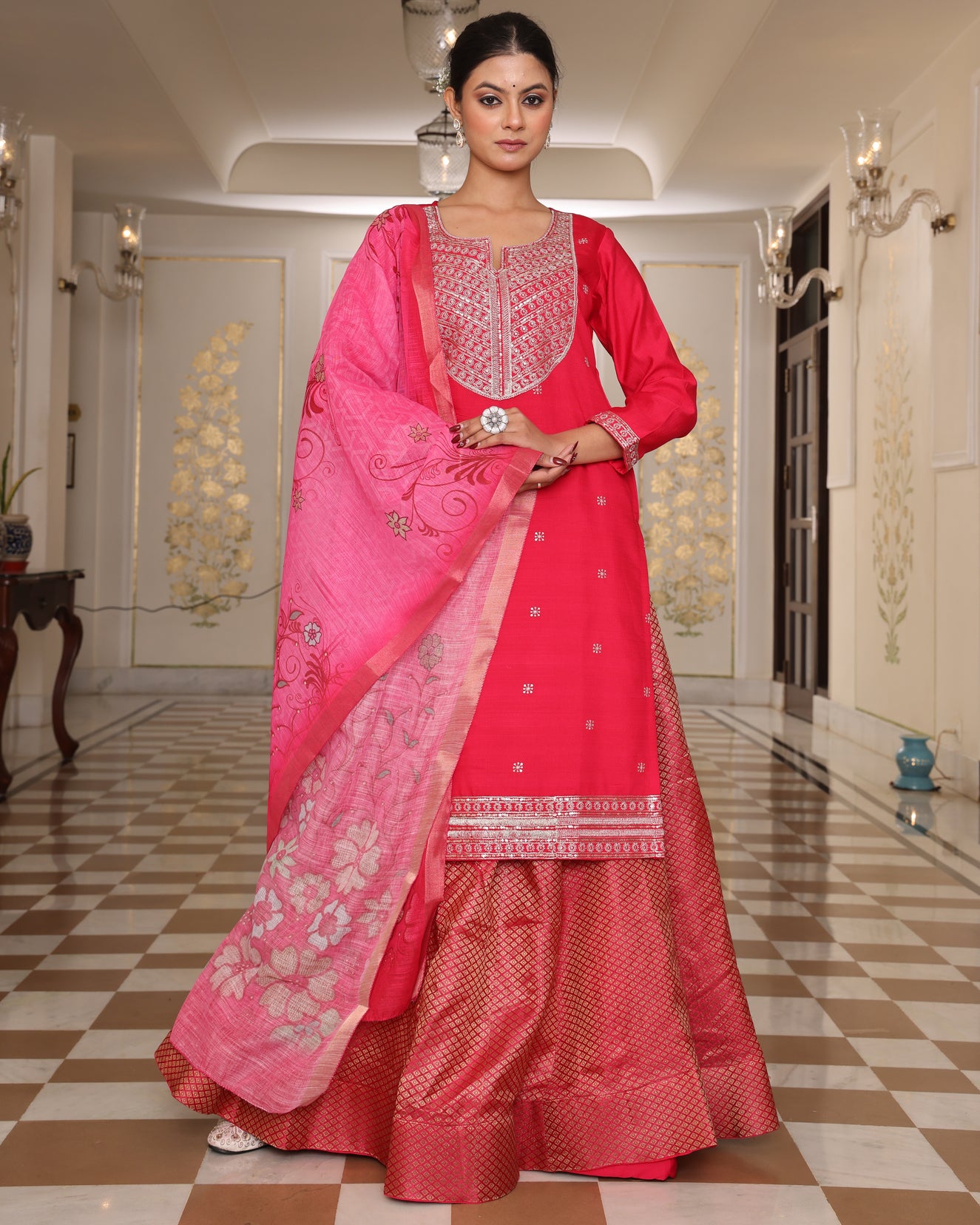 Pink Embroidered Kurta and Brocade Anarkali Suit