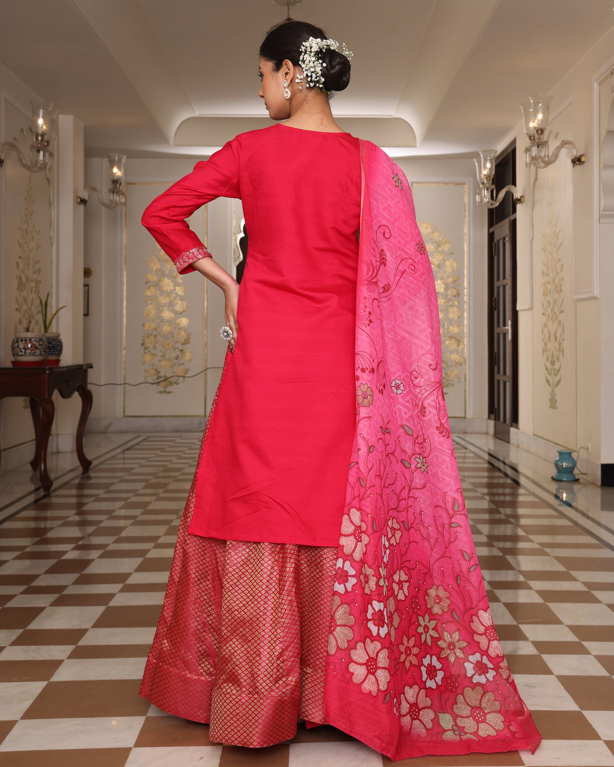 Pink Embroidered Kurta and Brocade Anarkali Suit