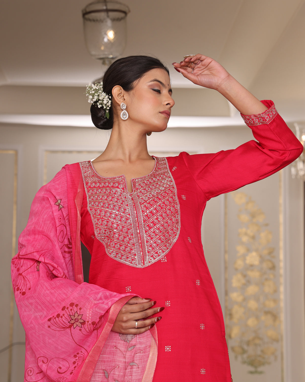 Pink Embroidered Kurta and Brocade Anarkali Suit