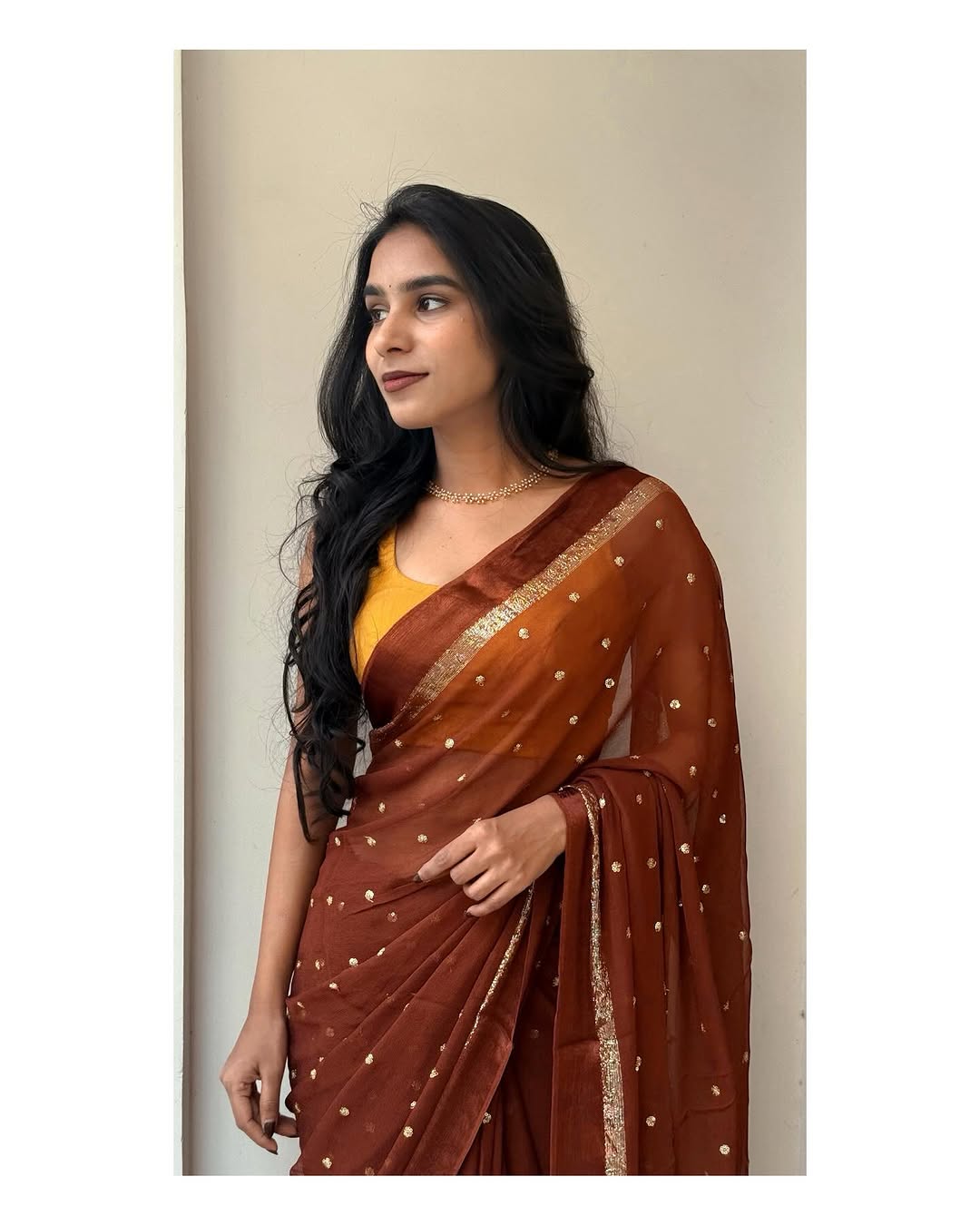 Red and Brown Silk Saree Set with Golden Zari Polka Dots and Border