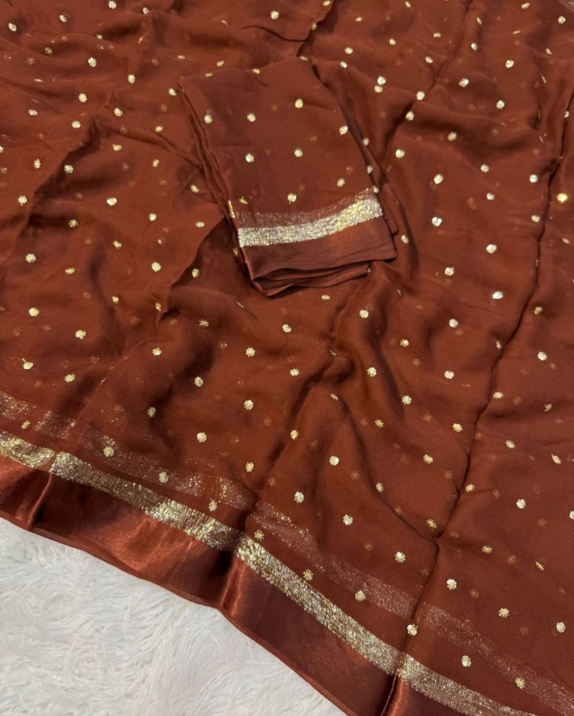 Red and Brown Silk Saree Set with Golden Zari Polka Dots and Border