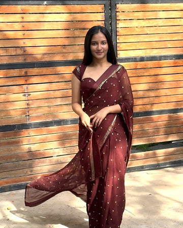 Red and Brown Silk Saree Set with Golden Zari Polka Dots and Border