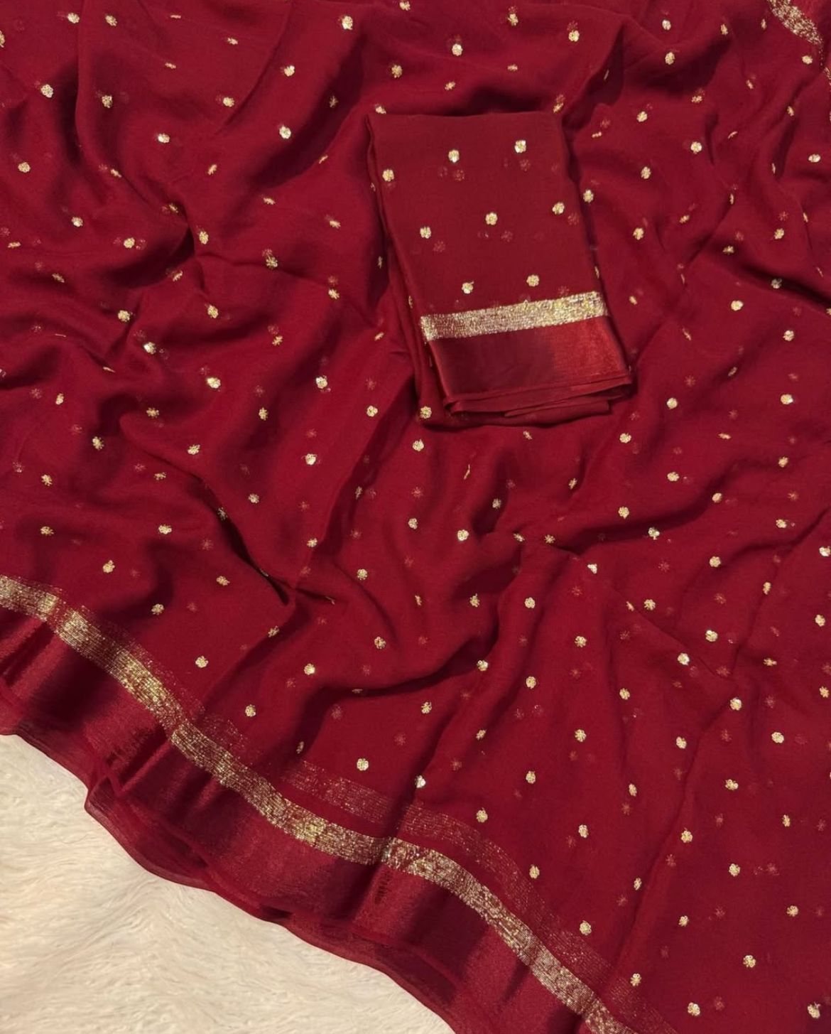 Red and Brown Silk Saree Set with Golden Zari Polka Dots and Border