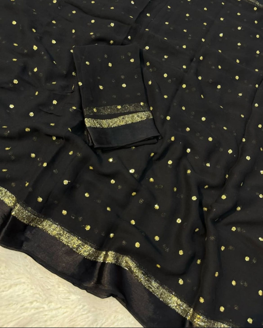 Black Silk Saree with Golden Zari Polka Dots and Border