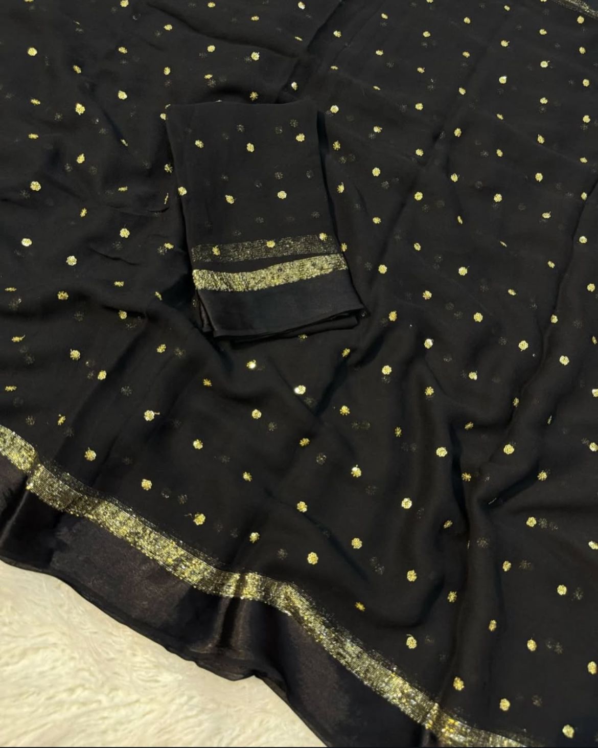 Black Silk Saree with Golden Zari Polka Dots and Border