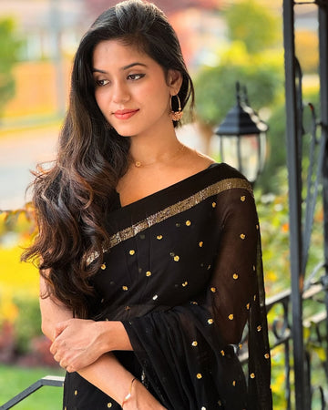Black Silk Saree with Golden Zari Polka Dots and Border