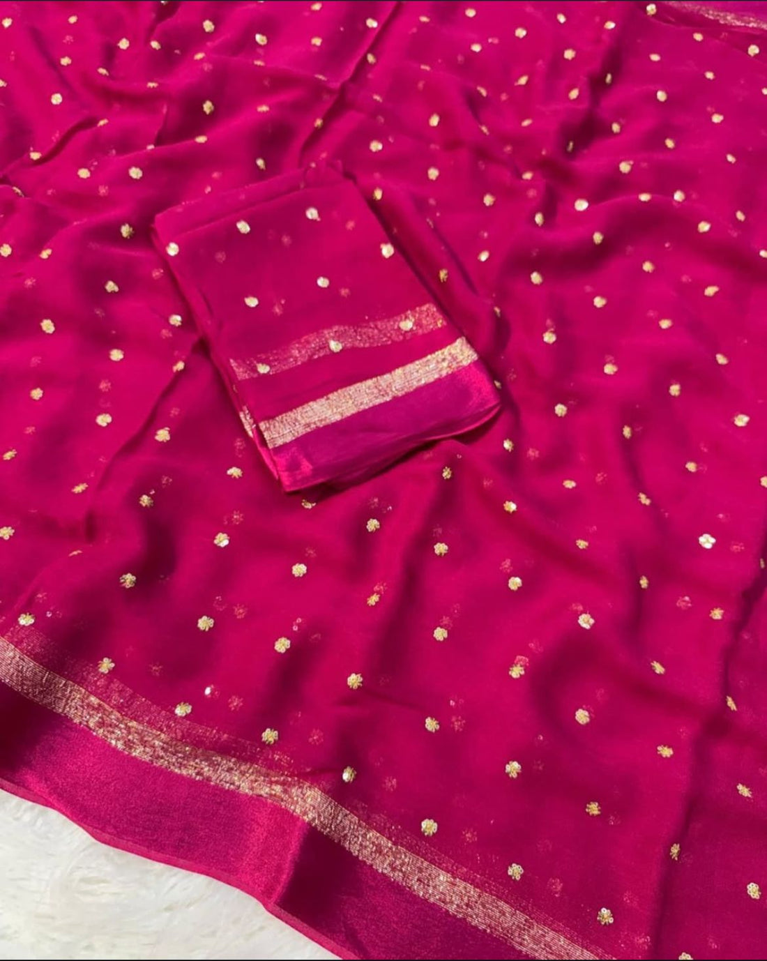 Rani Pink Silk Saree with Golden Zari Polka Dots and Border
