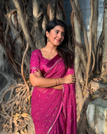 Rani Pink Silk Saree with Golden Zari Polka Dots and Border