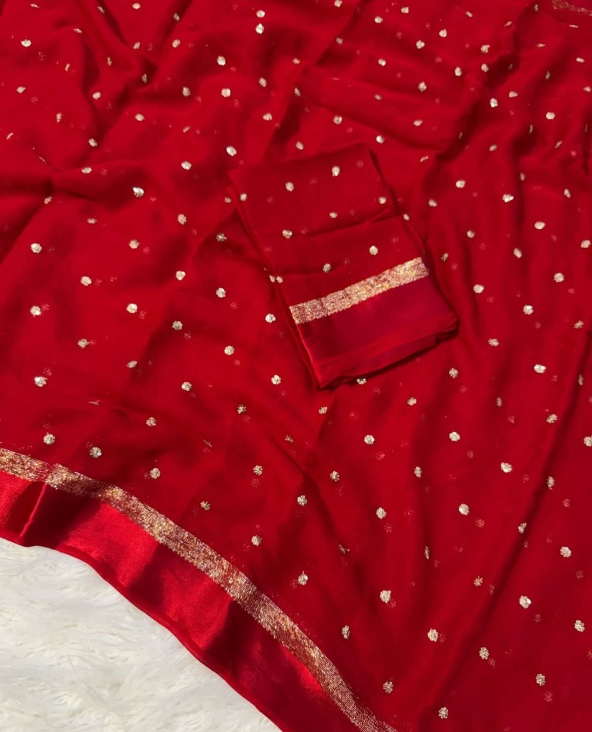 Red Silk Saree with Golden Zari Polka Dots and Border