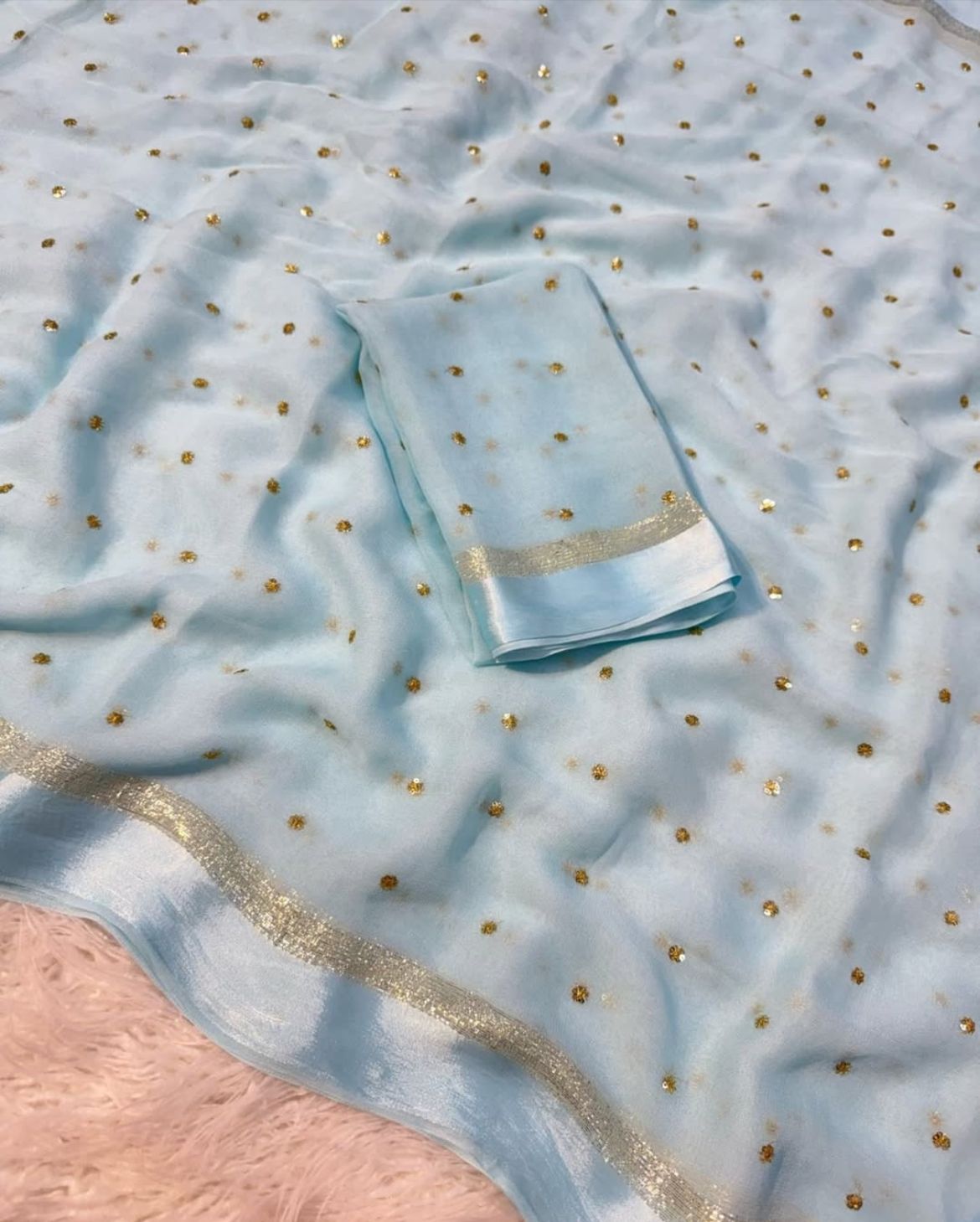 Navy Blue and Sky Blue Silk Saree Set with Golden Zari Polka Dots and Border